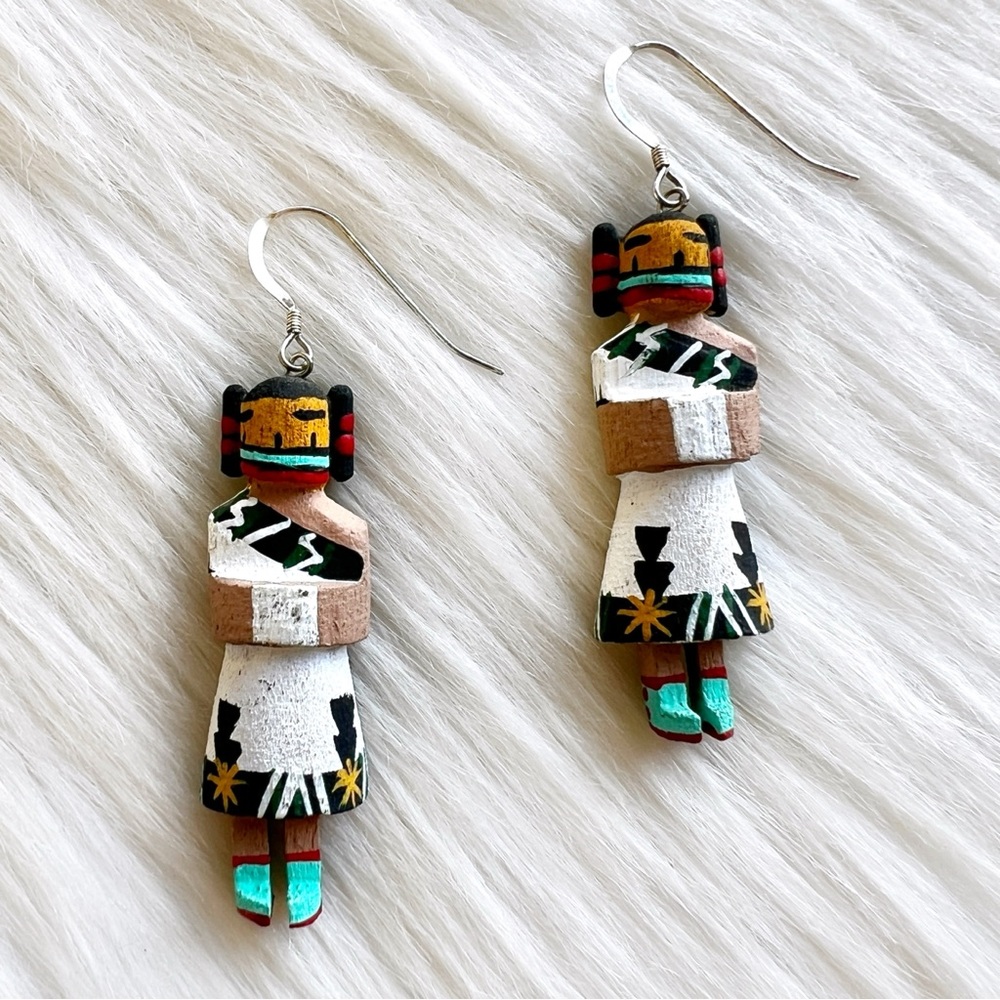 Hopi Cottonwood & Sterling Hand Carved SOUTHWESTERN Corn Maiden Kachina Earrings
